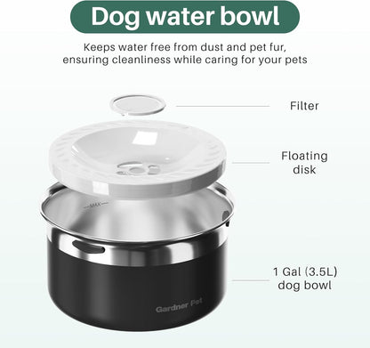Gardner Pet Dog Bowls 1 Gallon (3.85L) Stainless Steel No Spill Dog Water Bowl, Slow Water Feeder Metal Bowls, Spill Proof Water Dispenser for Large Dogs, Promotes Healthy Hydration(Black)