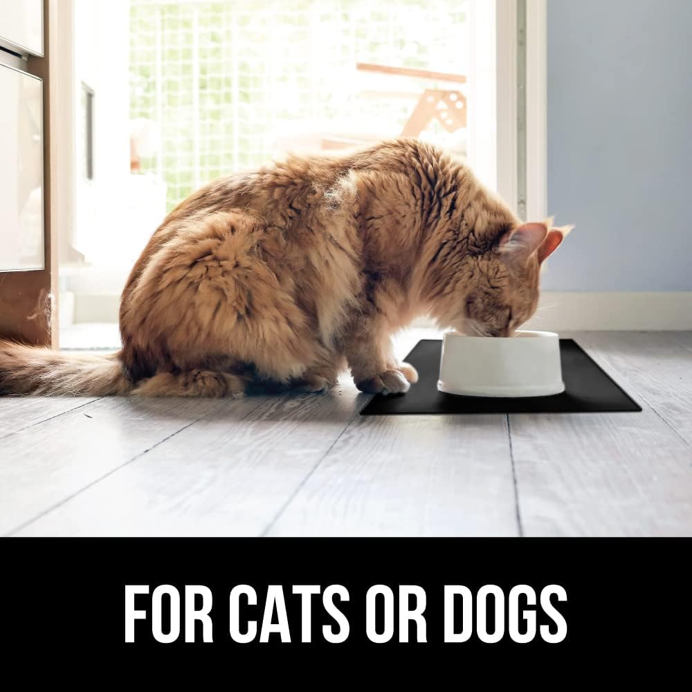 GORILLA GRIP 100% Waterproof Raised Edge BPA Free Silicone Pet Feeding Mat, Dog Cat Food Mats Contain Spills Protects Floors, Placemats for Cats and Dogs Water Bowl, Pets Accessories 32x24 Black