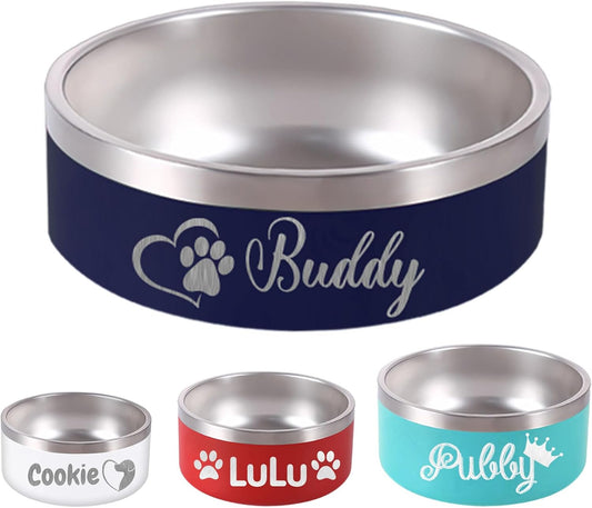 Personalized Dog Bowl Laser Engraved Custom Pet Name 18/32/42/64 oz No Slip Stainless Steel Insulated Bite-Resistant Food Water Dishes-Navy