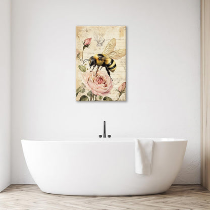 Rustic Bee Bathroom Pictures Wall Art, Vintage Floral Bathroom Wall Decor, Pink Rose Flower Framed Painting Canvas Artwork for Bedroom Living Room Decorations 24"L x 16"W