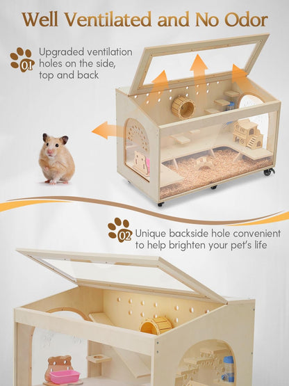 Hamster Cage Large 32 inch Guinea Pig Cages Hamster Cages Enclosure and Habitats Mice Rat Cage with Platform Openable Top Acrylic Sheets Wooden Chewproof Small Animal Cage for Hedgehog Mouse Gerbil