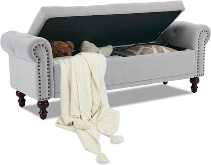 Storage Bench Upholstered Velvet End of Bedroom Bed Bench Ottoman with Tufted Cushioned Rolled Arm Large Storage Space for Reading Living Room Entryway, Light Grey