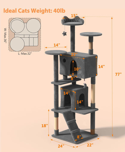 77'' Cat Tree Tower for Indoor Cats Large Adult, Cute/Tall Modern Cat Tree for Big Cats 20 lbs, Plush Multi-Level Cat Condo with Scratching Posts, Dangling Ball (Smoky Gray, 77 inch)