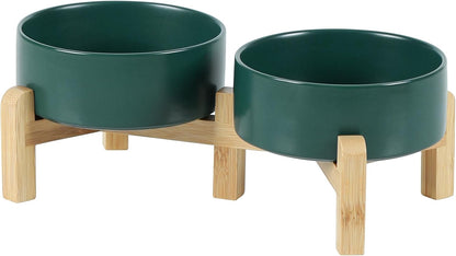Ceramic Raised Double Bowls Set with Stand, 2 Heights Elevated, Food & Water Bowls for Small Breed Dogs, Cats, Kitty, Weighted Dog Dishes, Pet Bowls(5.1'',13.5oz, Green)