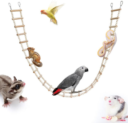Long Bird Ladder with Wooden Rungs and Beads, Parakeet Climbing Swing Toys, Bird Cage Accessories, Wooden Climbing Bridge Toys for Parrots, Rat, Sugar Gliders, Squirrels, Snakes