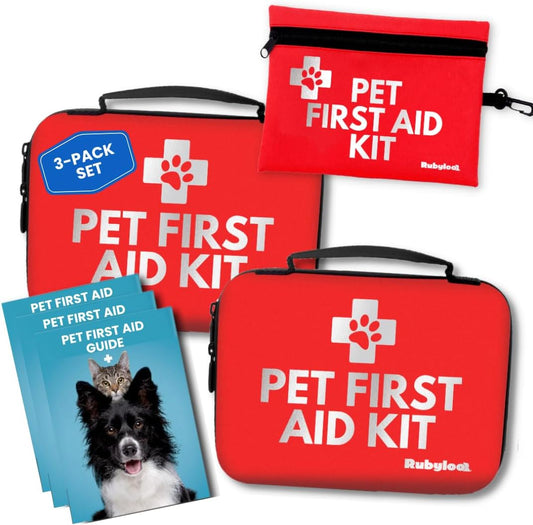 Dog First Aid Kit 3-Pack – 2 Hard-Sided & 1 Compact Travel Pet First Aid Kits – Vet-Approved Emergency Supplies with First Aid Guide, Tick Remover, Thermal Blanket for Hiking, Camping, Car, RV