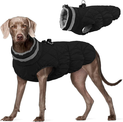 FUAMEY Dog Coat for Large Dogs,Waterproof Dog Winter Jacket with Harness Built in Puppy Cold Weather Coats Reflective Pet Vest with Zipper Warm Fleece Dogs Snowsuit Windproof Solid Black 2XL