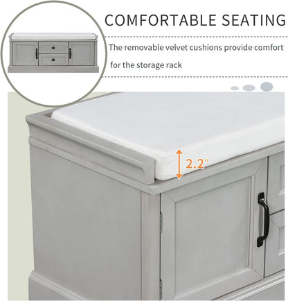 Shoe Storage Bench with 2 Drawers and 2 Cabinets, Pine Wood Shoe Bench with Removable Cushion for Living Room, Entryway 42.5" L x 15.9" W x 17.5" H (Gray Wash)