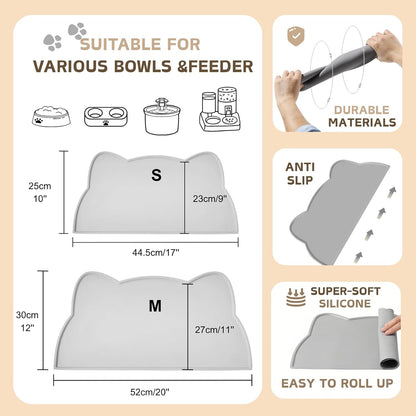 Cat Food Mat, Silicone Pet Feeding Mat for Floor Non-Slip Waterproof Dog Water Bowl Tray Cushion (17" x 10", MARRS Green)