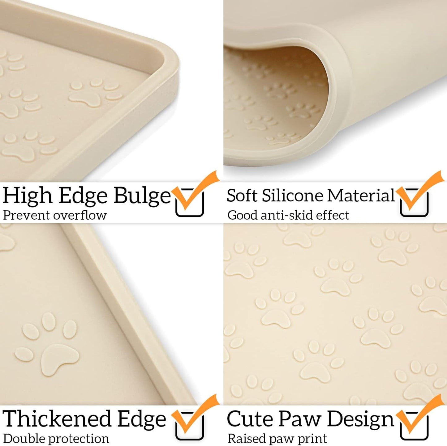 Ptlom Silicone Pet Placemat for Dog and Cat, Waterproof Non-Slip Pet Feeding Bowl Mats for Food and Water, Small Medium Large Tray Mat Prevent Residues from Spilling to Floor, Beige, 18" 12"