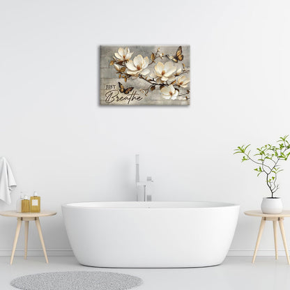 Floral Magnolia Bathroom Pictures Wall Art, Just Breathe Bathroom Wall Decor, Flower Butterfly Framed Painting Canvas Artwork for Bedroom Living Room Decorations 24"L x 16"W