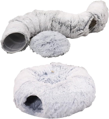 Cat Tunnel with Bed for Indoor Use Under Christmas Tree Soft Plush Cat Cave Donut Tunnel, Multifunctional Playground Toys Hideplace for Kittens, Rabbit, Ferret (Grey)