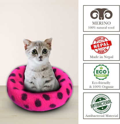 Woolygon Premium Felt Cat Cave Bed - Polka Dot Series - Wool Kitty Beds Handcrafted Kitten Caves Bed for Indoor Cats - Eco-Friendly Merino Wool, Foldable Cat Hideaway Cat Houses (Pink/Black Dots)
