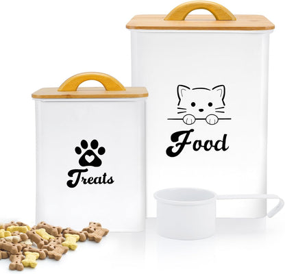 Cat Food Storage Container with Scoop, 2PCS Cat Food Storage Container with Lids Airtight, Cat Treat Jars for Kitchen Counter-7+3Lbs, Cat Cookie Jar for Storage, White