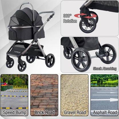 Pet Stroller for Small Medium Dogs, Cat Carriage Travel System Four Wheel Dog Stroller with Carrier, Zipperless Entry/Cup Holder/Storage Basket