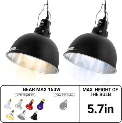2 Pack Reptile Light Fixture, 8.5in Deep Dome Reptile Lamp Fixture, Optical Reflection Cover, Separate Switche & Hook, Terrarium Light Fixture for Reptile Heat Basking UVB Bulbs, 150W, Black