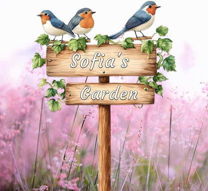 Personalized Bird Metal Sign with Stake,Custom Gardener Last Name Signs Outdoor Decor,Customized Flower Gardening Housewarming Gifts,Birds on the Branch Plaques for Patio Lawn Porch Backyard Farmhouse