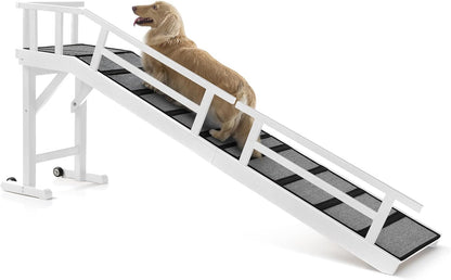 Dog Ramp for Bed or Couch, Wooden Pet Ramp with 20° Gentle Slope, Removable Side Rails, Non-Slip Surface, Top Platform & Wheels, Safe Bed Ramp for Small, Medium & Senior Dogs, 74" Long, White