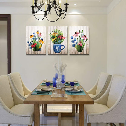 Vintage Wood grain plant flowers wall art for kitchen Wall Decoration for Living Room Wall decor for Bedroom room Decor 20" X 28" 3 Piece Framed Office Canvas print Artwork modern Home Decor painting