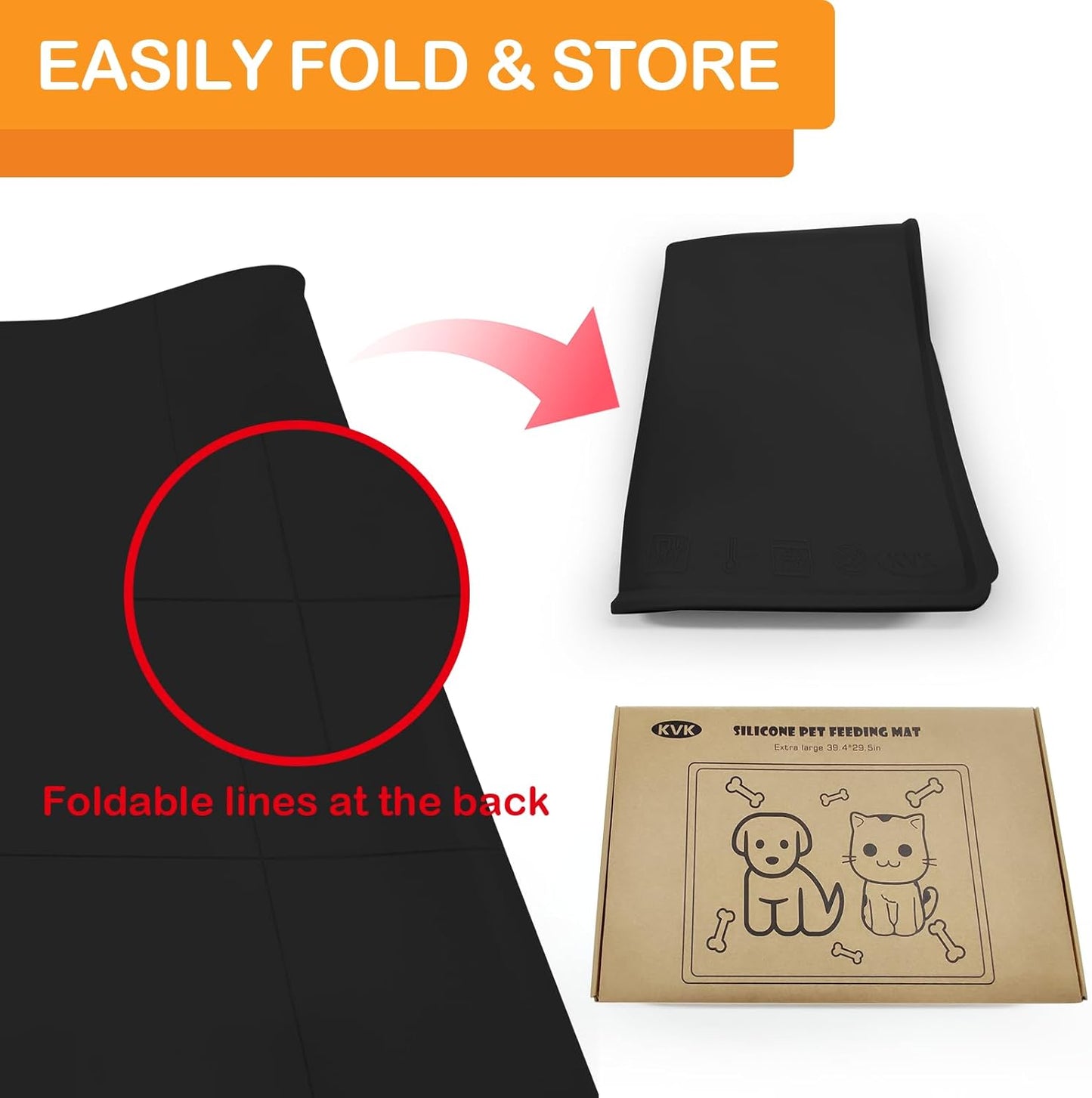 KVK Dog Water Mat 39.4×29.5in - Silicone Dog Mat for Food and Water Extra Large - Pet Food Mat for Floors Waterproof - Pet Feeding Mat Prevent Water Food Spills - Black