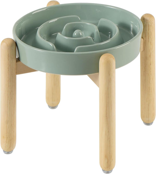 9.5inch Ceramic Raised Slow Feeder Dog Bowl Set, Elevated Bowl with Wooden Stand for Large Dog, Puzzle Slow Pet Food Dish, Preventing Choking(Light Green, Single Bowl+ Stand)
