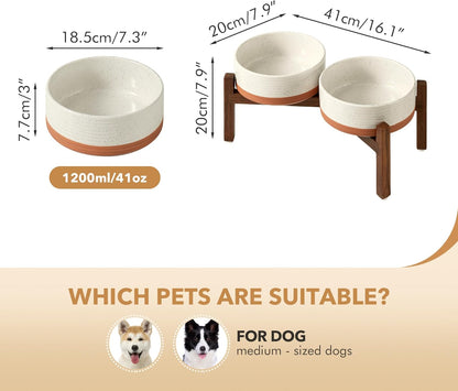 Ceramic 7.3inch Raised Double Dog Bowls Set with Acacia Wood Stand, Food & Water Bowls for Medium Breed Dogs, Weighted Pet Dishes(41oz, Vanilla White)