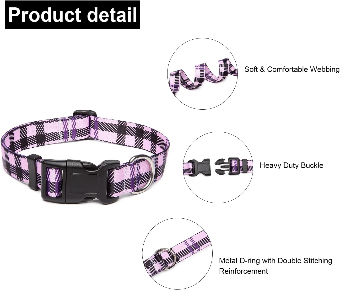 Mercano Adjustable Dog Collar - Special Design Patterns, Soft Nylon Comfortable Durable Pet Collar for Small Medium Large Dogs (L, Purple Plaid)