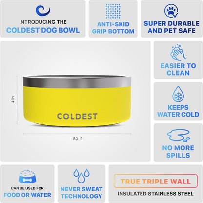 Coldest Dog Bowl - Anti Rust Metal, Non Slip, 3 Layers Insulated Stainless Steel Dog Bowls - Spill Proof & Heavy Duty - Water Bowl for Dogs, Cats & Pets, Dish Washer Safe (100 oz, Solar Yellow)
