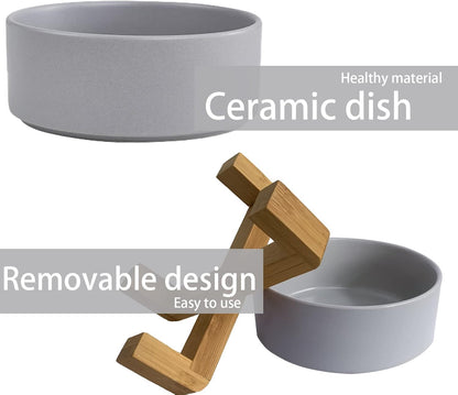 Ceramic Dog Cat Bowl with Wood Stand,Cat Food & Water Bowls Elevated Non-Spill Modern Cute Kitty Dishes Heavy Weighted Round Pet Dishes Set for Small Kitten Grown Cat(Grey)