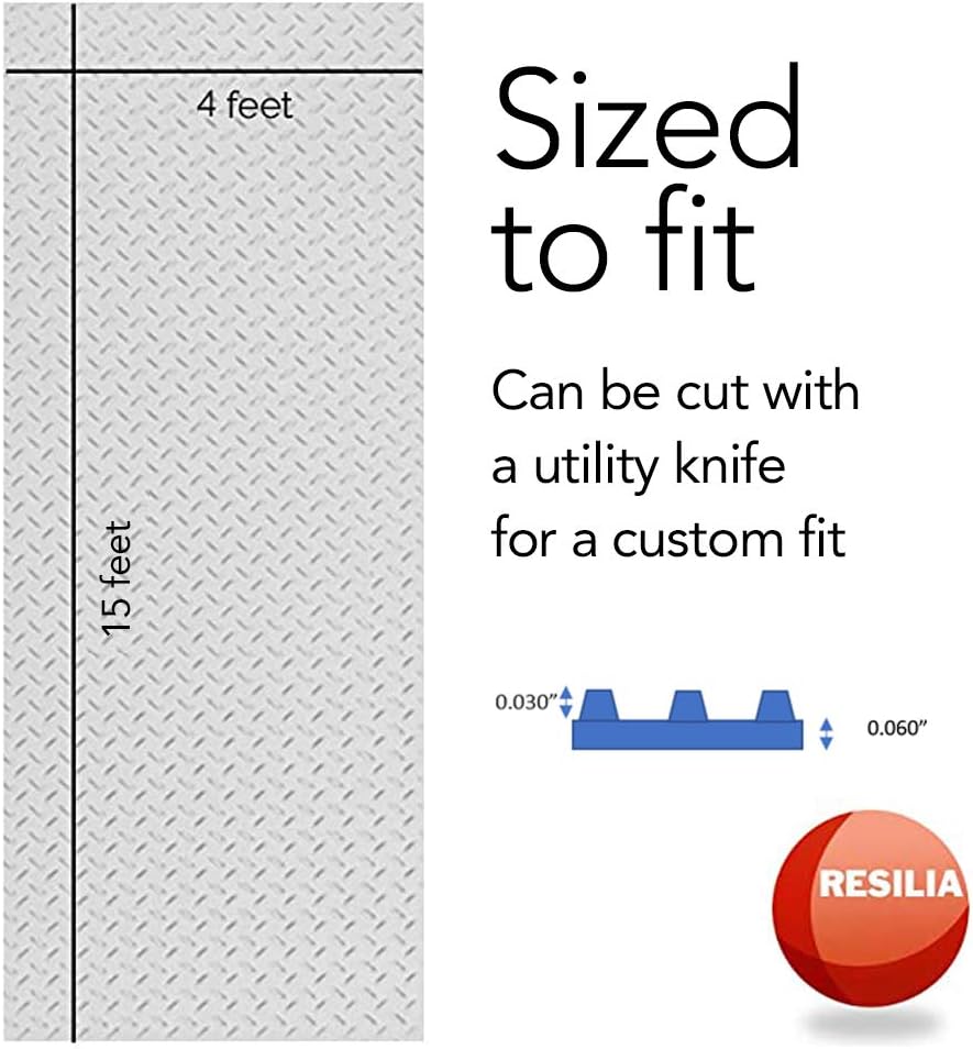 RESILIA Heavy Duty Garage Floor Runner & Protector Mat - Slip Resistant Diamond Plate PVC Mats - Water, Spill, & Stain Resistant, Silver (4 feet x 15 feet), Made in The USA