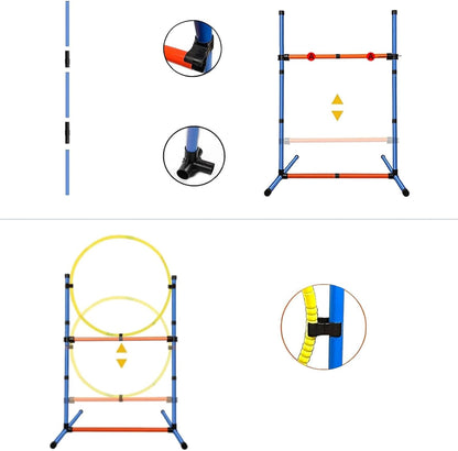 PLKO Dog Agility Equipment Set, Training Starter Kit Dog Obstacle Course,8 Weave Poles, Adjustable Hurdle, Jump Ring, Pause Box and Carrying Bag(Style C)