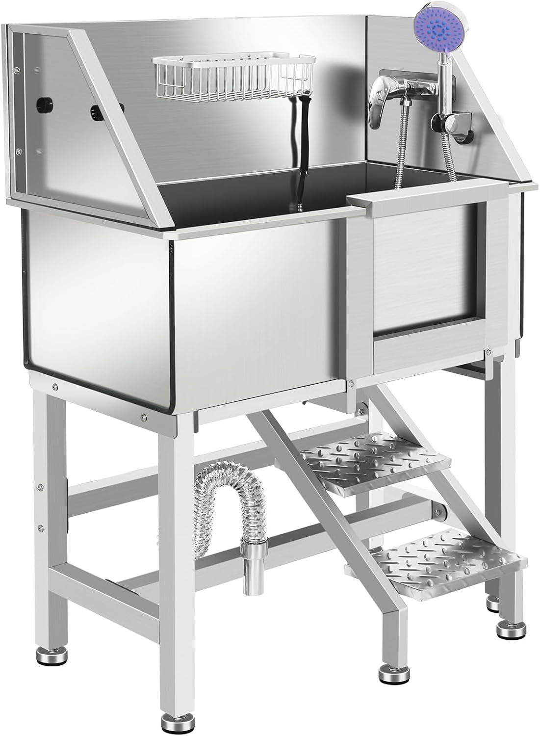 Stainless Steel Dog Washing Station for Large Dogs, Dog Grooming Tub for Home, Professional Dog Bathtub Bathing Station, Pet Wash Station, Dog Shower Tub with Stairs, Drain & Door,34" R-RAMP