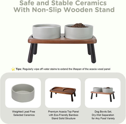 SPUNKYJUNKY Ceramic Elevated Dog Bowls Raised with Acacia Bamboo Wooden Stand, 6.1'' Dog and Cat Food Water Bowls Set Non-Slip for Small Medium Sized Breed Microwave Dishwasher Safe - 28.7 OZ,Grey