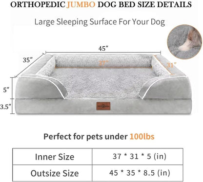 Comfort Expression Cooling Dog Bed, Orthopedic Memory Foam Dog Bed, Jumbo Beds for Extra Large Dogs, Large Breed Dogs Beds Waterproof with Bolster & Removable Cover(Jumbo,Light Grey)