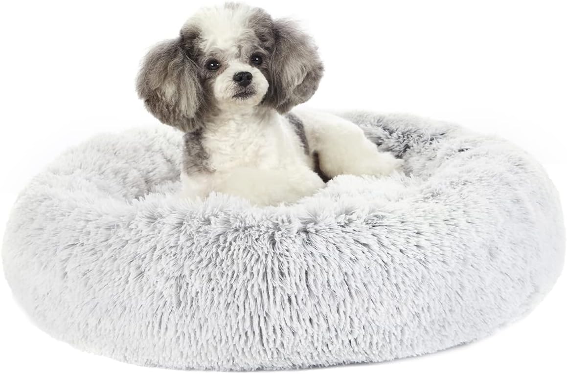 Bedfolks Calming Donut Dog Bed, 23 Inches Round Fluffy Dog Beds for Small Dogs, Machine Washable Anti-Anxiety Plush Puppy Bed（Light Grey, Small）