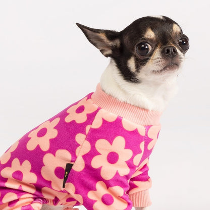 Fitwarm Flower Fleece Dog Pajamas, Warm Winter Dog Clothes for Small Dogs Girl, Cozy Pet Onesie with Feet, Pink, Large