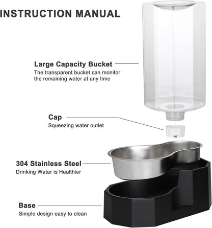 Sfozstra Large Dog Water Dispenser: 8L Automatic Black Water Feeder with Stainless Steel Bowl - Without Filter - Gravity Design for Multiple Pets Indoor/Outdoor