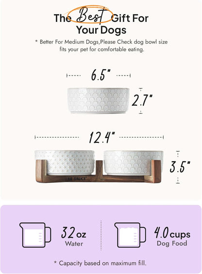 Dog Bowls Ceramic for Small Medium Dogs - 3-Cup Dual Food & Water Bowl Set with Acacia Wood Stand, Non-Slip Anti-Tip Elevated Design