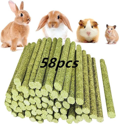 Rabbit Toys,Timothy Hay Stick for Guinea Pig Toy Bunny Chew Toys for Teeth Grinding Hamster Alfalfa Bite Treat Rabbit Molar Food Snack for Pet Rat Chinchilla Squirrel Gerbil-58PCS