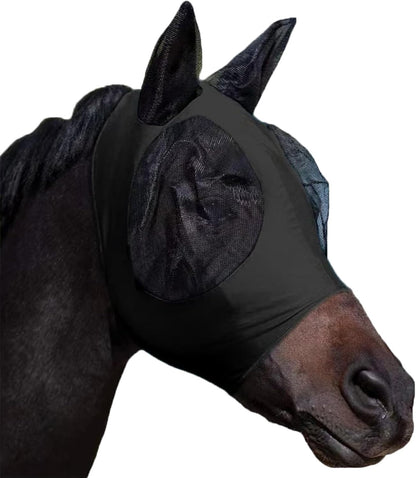 Horse Fly Mask with Ears, Comfortable Fit Stretch Fabric with UV Protection Soft on Skin Breathability for Small/Medium Size Horses (Black)