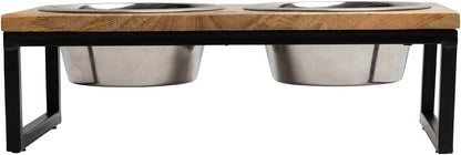 Mango Wood Dog Bowl Stand - Elevated Pet Feeder with 2 Stainless Steel Bowls - Raised Food and Water Dish Set for Dogs and Cats, Available in 4 Sizes, Pet Dining Station, Small/10oz