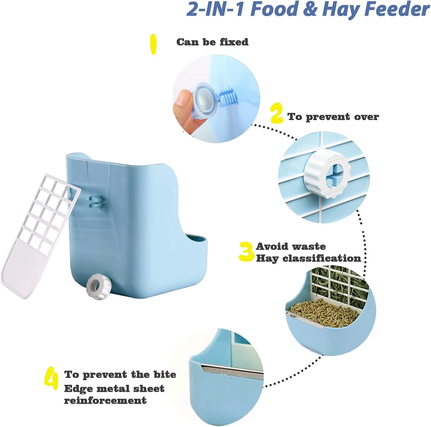 HERCOCCI PET Feeder and Water Bottle Set, Large Blue (500ml), Durable Hay Food Bin Feeder, Food Bowl, Gravity-Fed Water Dispenser for Rabbit, Guinea Pig, Chinchilla