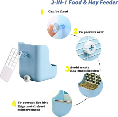 HERCOCCI PET Feeder and Water Bottle Set, Large Blue (500ml), Durable Hay Food Bin Feeder, Food Bowl, Gravity-Fed Water Dispenser for Rabbit, Guinea Pig, Chinchilla