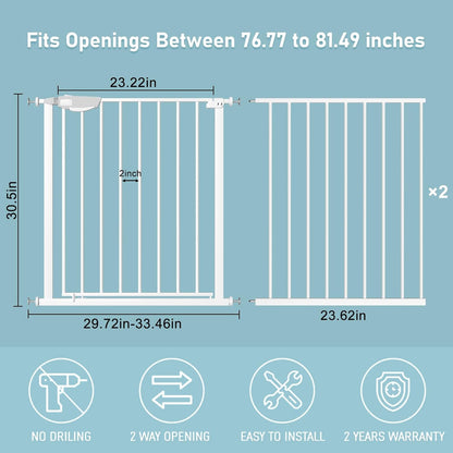 WAOWAO Triple Lock Baby Gate Extra Wide 76.77-81.49" Pressure Mounted Walk Through Swing Auto Close Safety White Metal Dog Pet Puppy for Stairs,Doorways,Kitchen