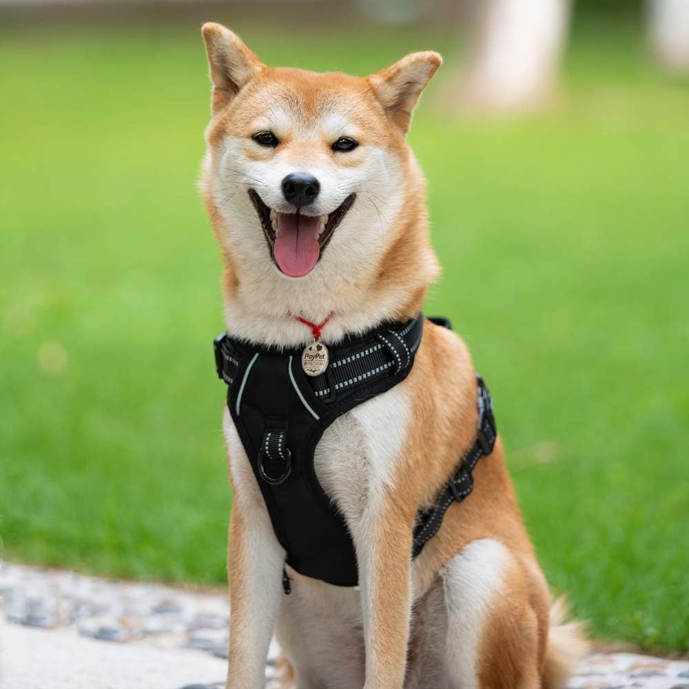 PoyPet No Pull Dog Harness, Reflective Comfortable Vest Harness with Front & Back 2 Leash Attachments and Easy Control Handle Adjustable Soft Padded Pet Vest for Small to Large Dogs (Black,L)