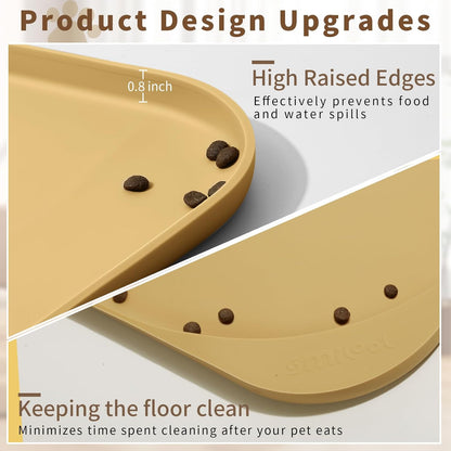 Silicone Pet Feeding Mat with Raised Edge & Residue Collection Pocket for Food and Water, Dog Bowl Mats, Cat Bowls Placemat with High Lip for Floor Waterproof, 22 x 14 x 0.8 Beige