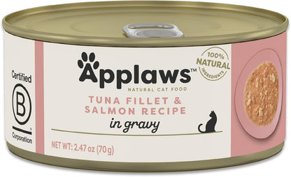 Applaws Natural Wet Cat Food in Gravy, Limited Ingredient Canned Wet Cat Food, No Additives, Made with Natural Ingredients, Tuna Fillet with Salmon in Gravy (24 x 2.47oz Cans)