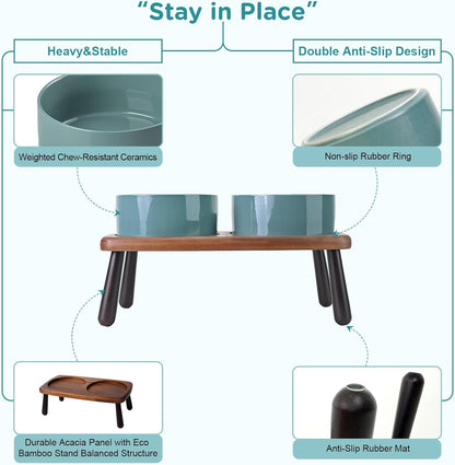 SPUNKYJUNKY Ceramic Elevated Dog Bowls Raised with Acacia Bamboo Wooden Stand, 6.1'' Dog Cat Food Water Bowls Set Non-Slip for Small Medium Sized Breed Microwave Dishwasher Safe - 28.7 OZ,Dark Green