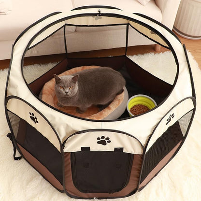 Cat Playpen for Indoor and Outdoor Cats Collapsible Enclosed, Portable Cat Tent, Cat, Puppy Crate Cage (Coffee, Standard, Octagon)