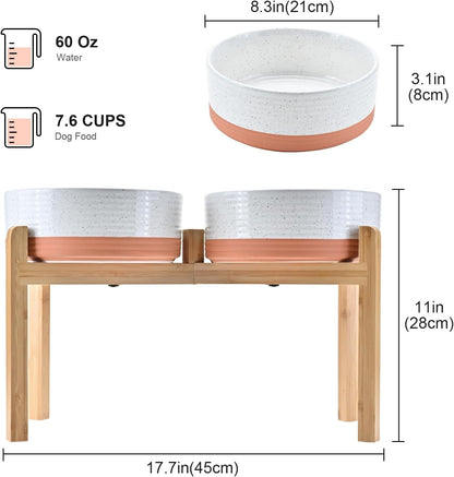 SPUNKYJUNKY Elevated Dog Bowls Ceramic, 8.3'' Dogs Food Water Bowls Raised with Non-Slip Bamboo Stand for Large Sized Breed Microwave Dishwasher Safe - 60 OZ,Pattern White